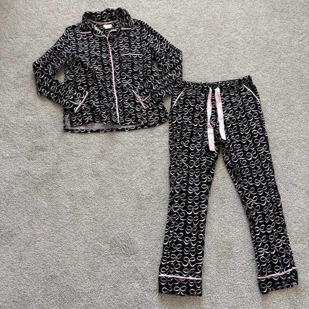 Kate Spade Flannel Pajama Set Womens M Black Bows Ribbon Button Up Preppy Cute
